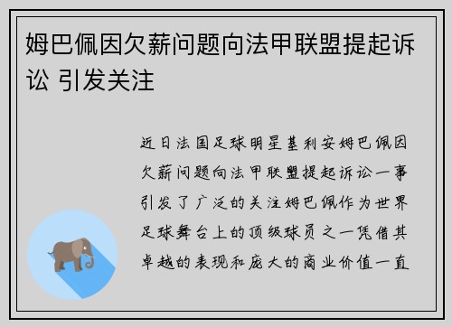 姆巴佩因欠薪问题向法甲联盟提起诉讼 引发关注